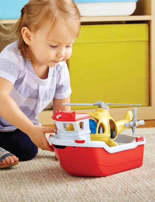 green toys rescue boat with helicopter